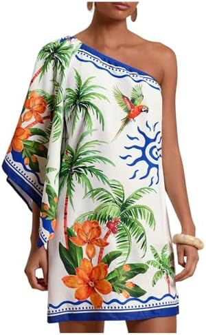 Floerns Women's Floral One Shoulder Mini Dress Dolman Sleeve Vacation Tunic Dresses | Amazon (US)