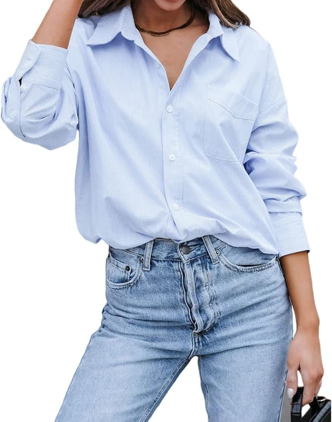 BONITEE Women's Long Sleeve Oversized Button Down T Shirt Blouse Top Casual Work Shirt | Amazon (US)