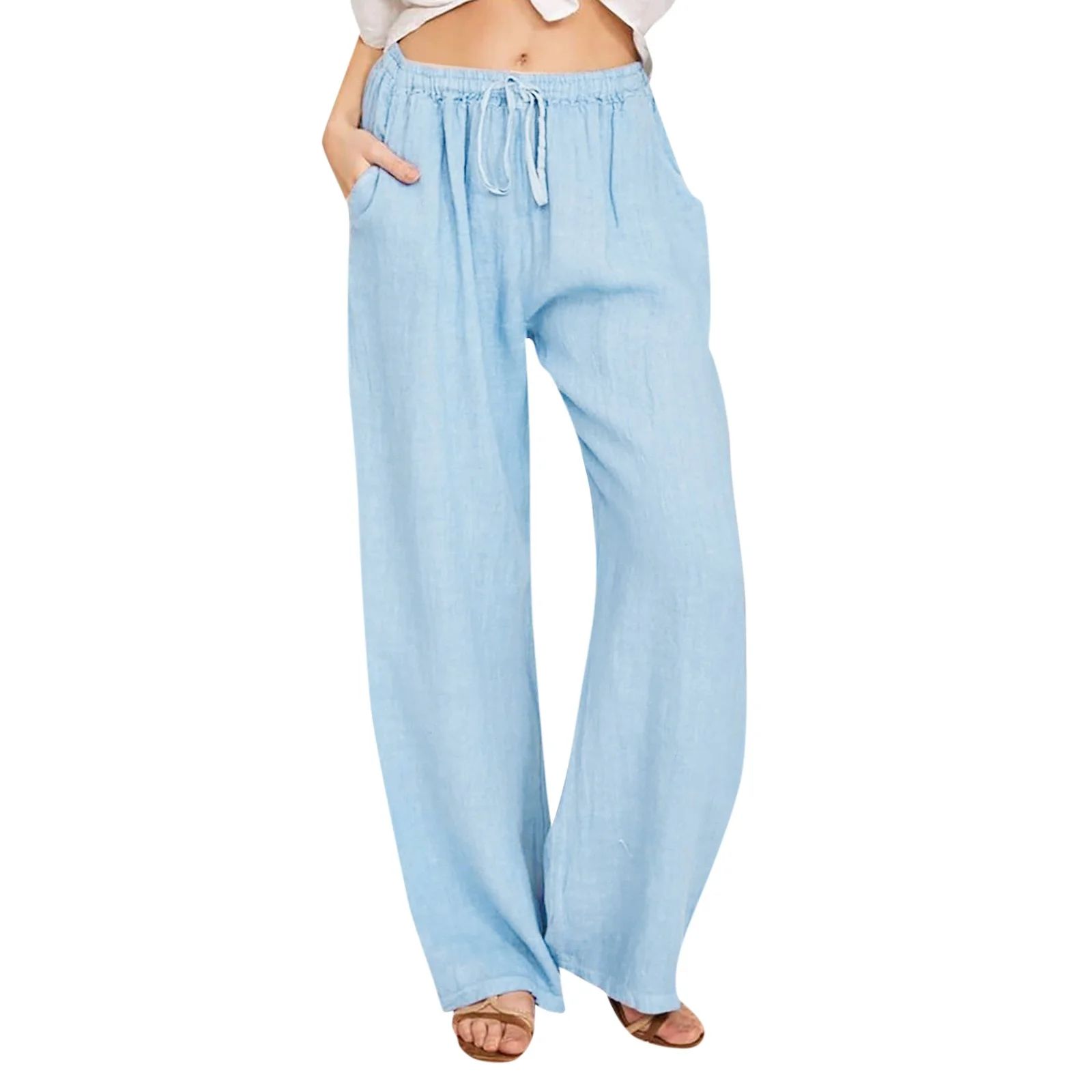 Godokuleh Women's Cotton Linen Pants Summer Wide Leg Casual Loose Drawstring High Waist Palazzo P... | Walmart (US)