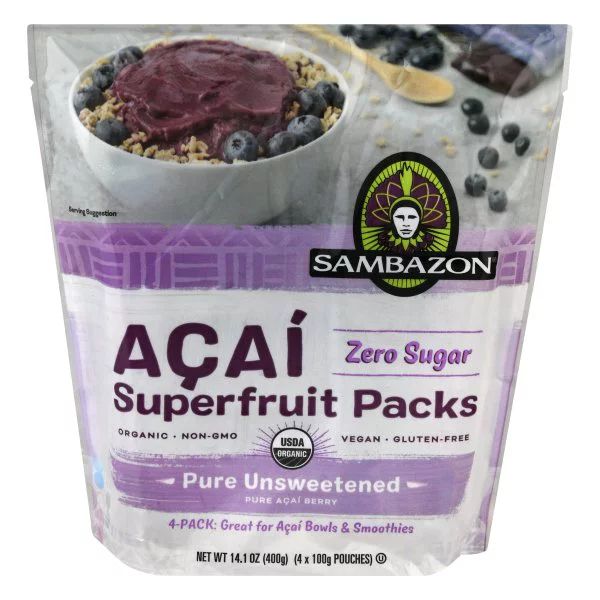 Sambazon Zero Sugar Pure Unsweetened Açai Berry Superfruit Packs, 4 count, 14.1 oz - Walmart.com | Walmart (US)