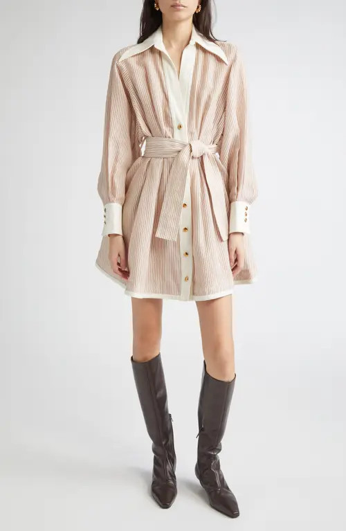 Zimmermann Hypnotic Stripe Long Sleeve Belted Cotton & Silk Minidress in Tan Stripe at Nordstrom, Size 0P | Nordstrom