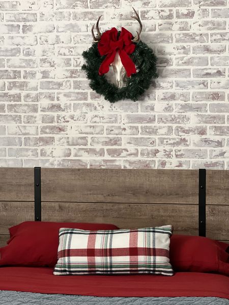 Bedroom. Platform bed. Full size bed. Flannel. Flannel Sheets. Plaid. Pillow. Brick. Wreath. Christmas. Rustic. 

#LTKSeasonal #LTKhome #LTKHoliday
