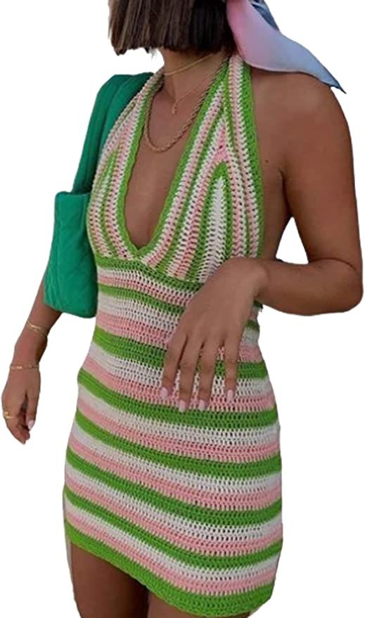Women Vintage Square Crochet Knitted Dress Halter Neck Hollow Out Striped Mini Dresses Fashion Cr... | Amazon (US)