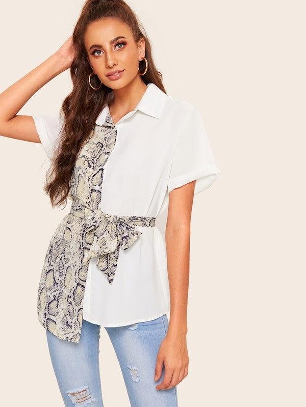 Snake Print Panel Button Front Belted Blouse | SHEIN