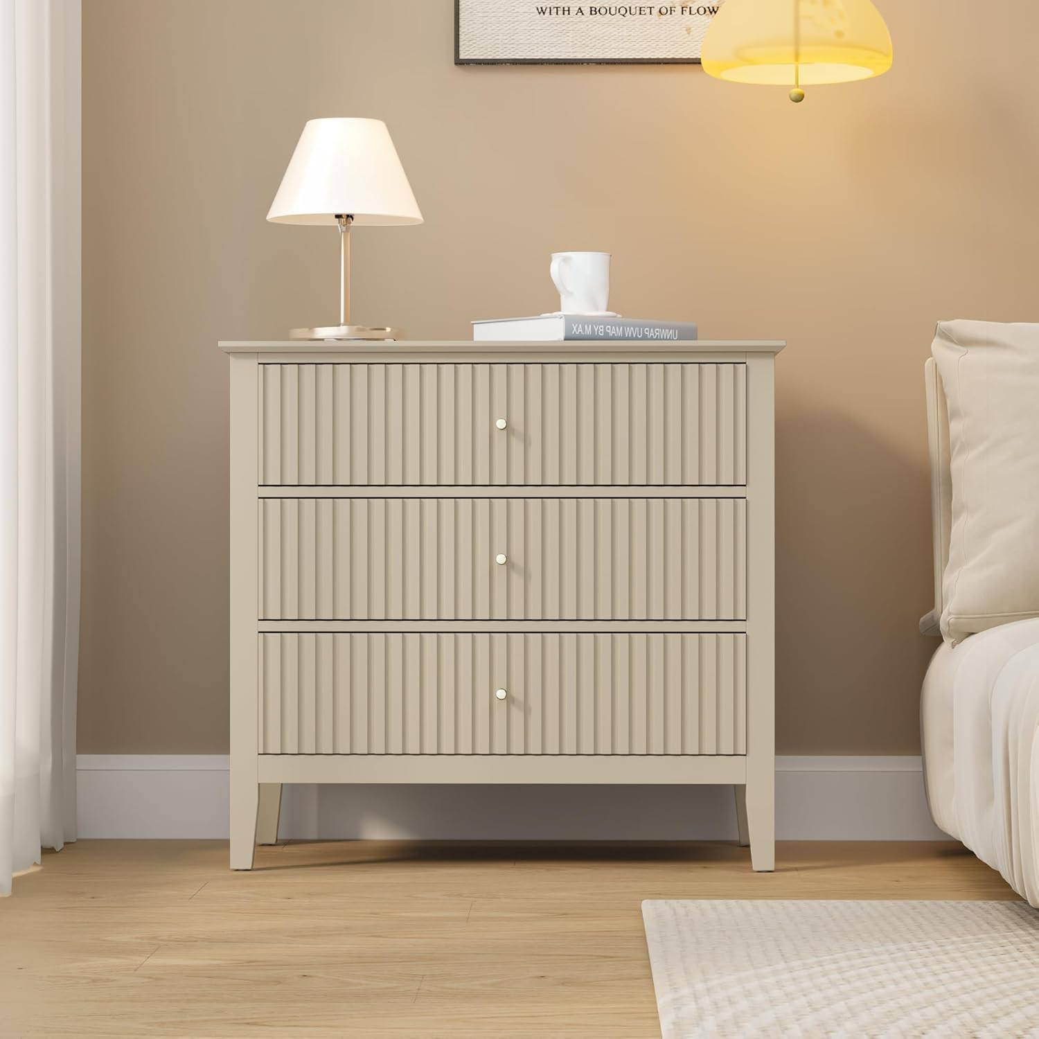 May in Color Large Beige 3 Drawer Dresser, Painted 30 Inch Tall Wood Nightstand with Storage, Wid... | Amazon (US)