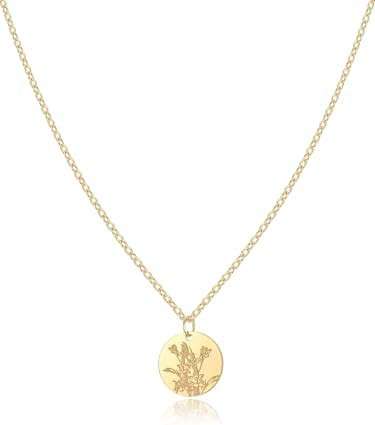 Birth Flower Necklace, 14K Gold Plated Floral Pendant Necklaces for Women, Simple Dainty Birth Mo... | Amazon (US)