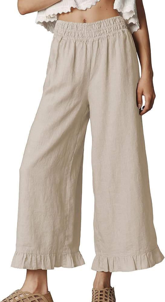 Women's Cotton Linen Wide Leg Pants Summer Casual High Waist Ruffle Hem Cropped Trousers with Poc... | Amazon (US)