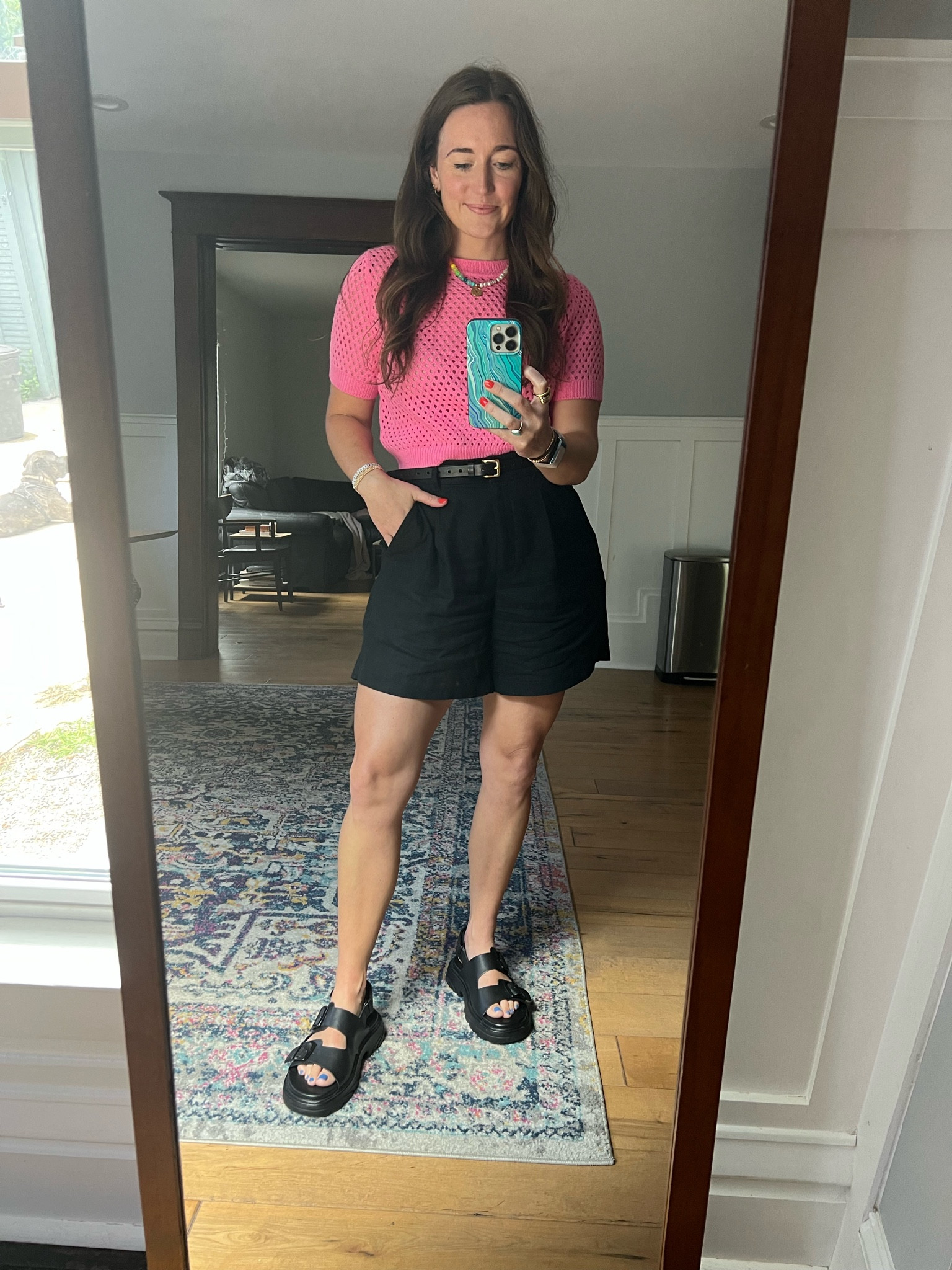 WFH Monday style - pairing these linen blend trouser shorts from old navy with a pink sweater top from H&M, a chunky black sandal, thin leather belt and jewelry! Linking everything I can