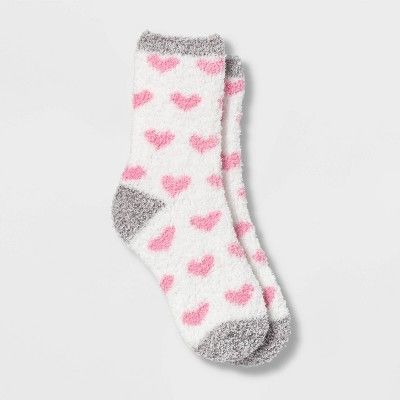 Women's Hearts Valentine's Day Cozy Crew Socks - Pink/White One Size | Target