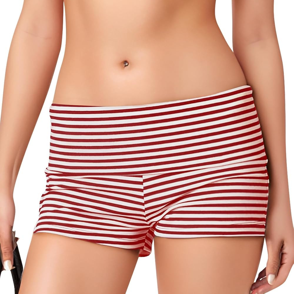 Womens Fold Over Shorts Elastic Waist Y2k Striped Shorts Skinny Pajamas Mini Sleepwear Stretchy Y... | Amazon (US)