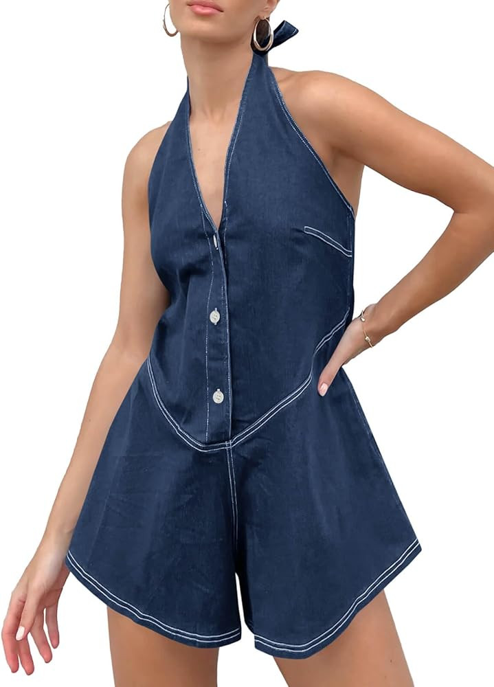 PLNOTME Womens Summer Halter Denim Rompers Backless V Neck Casual Jean Short Jumpsuits | Amazon (US)
