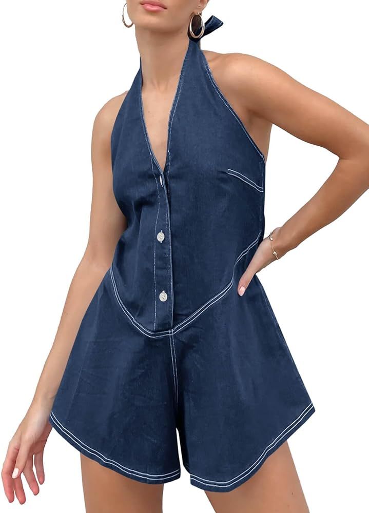 PLNOTME Womens Summer Halter Denim Rompers Backless V Neck Casual Jean Short Jumpsuits | Amazon (US)
