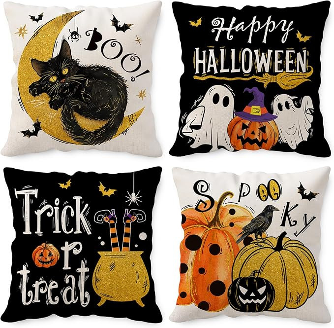 Halloween Pillow Covers 18x18 Set of 4 Spooky Pumpkin Black Cats Halloween Throw Pillow Cases Tri... | Amazon (US)