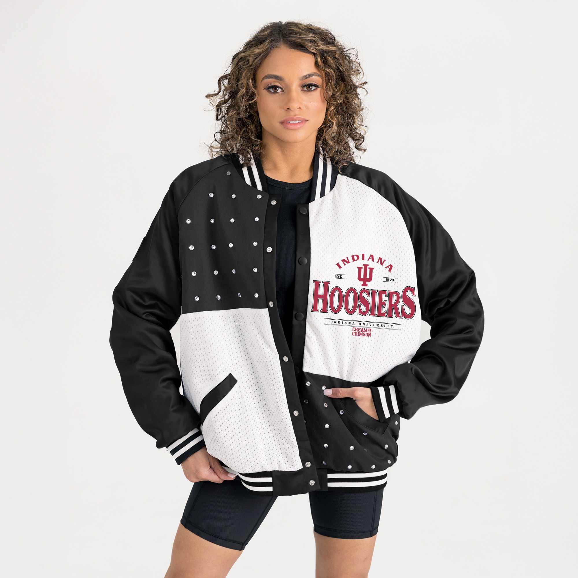 Women's Gameday Couture Black Indiana Hoosiers Oversized Inner Drive Varsity Rhinestone Full-Snap Bomber Jacket | Fanatics