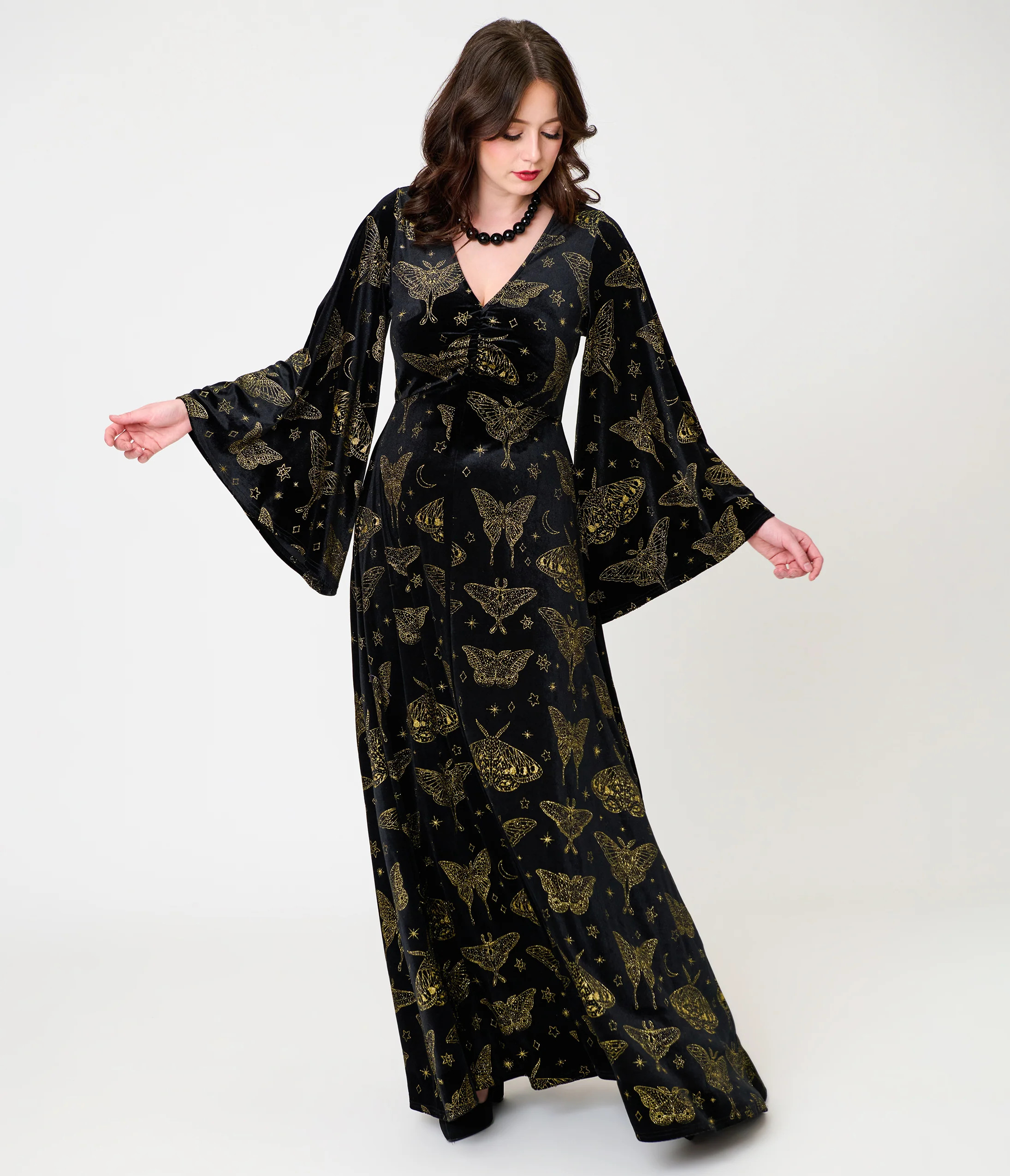 Smak Parlour Black & Gold Moth Print Stevie Maxi Dress | Unique Vintage - North America