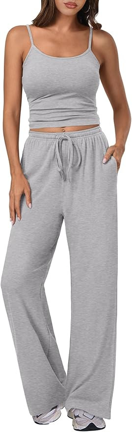 ANRABESS Women Summer 2 Piece Outfits Lounge Spaghetti Strap Cropped Top Wide Leg Pant Matching T... | Amazon (US)