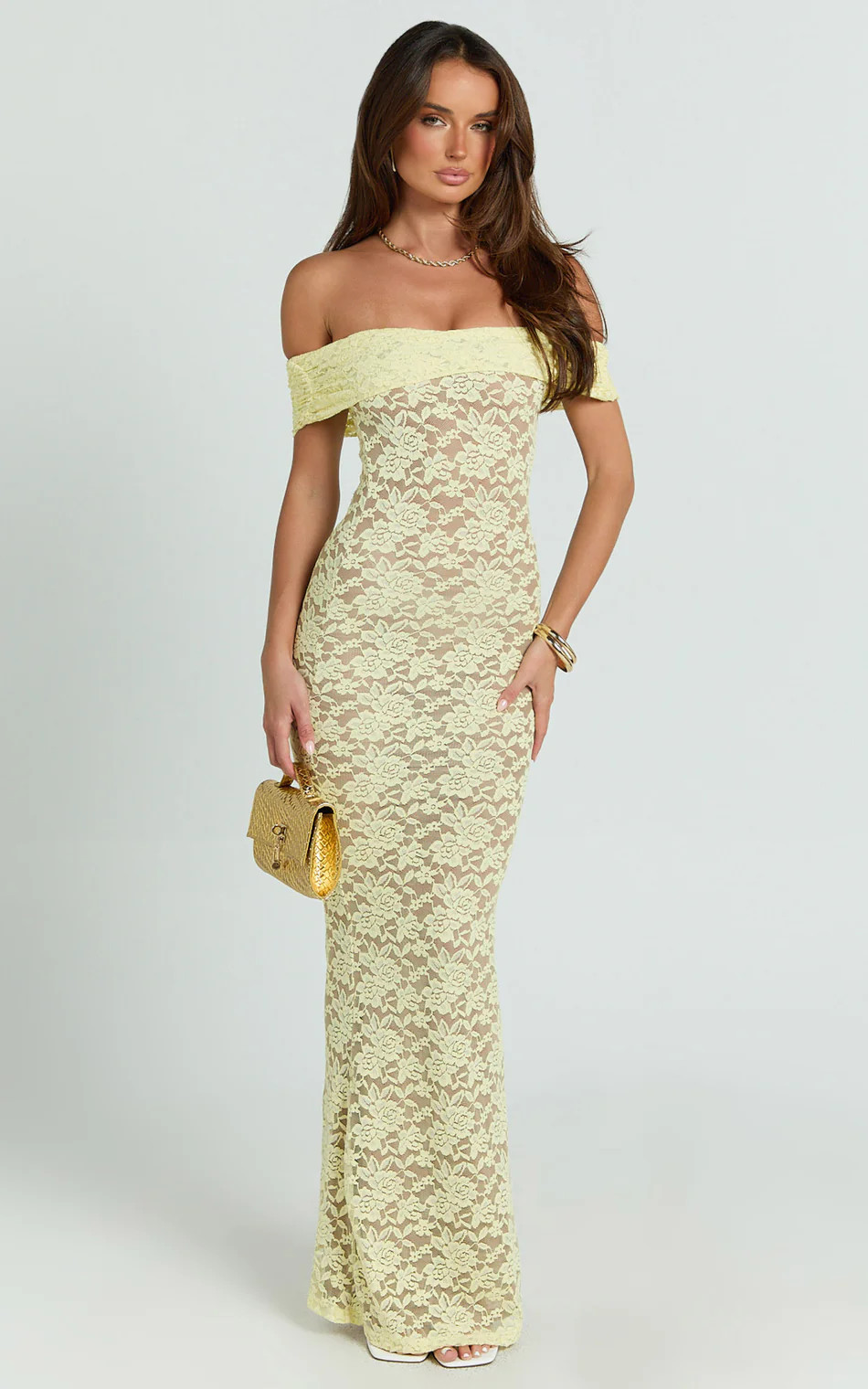 Nalani Maxi Dress - Lace Off Shoulder Column Bodycon Dress in Lemon | Showpo (US, UK & Europe)