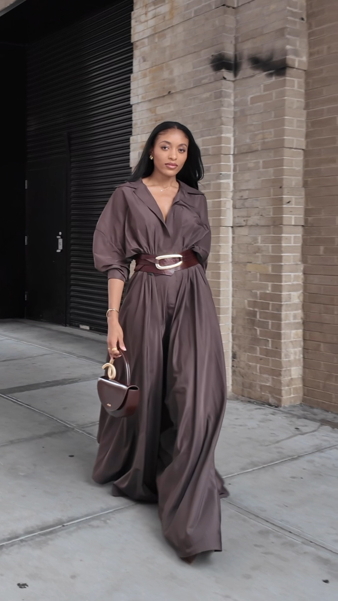 A chocolate brown outfit. 
Brown dress, brown heels, brown bag, belted dress. 

#LTKstyletip