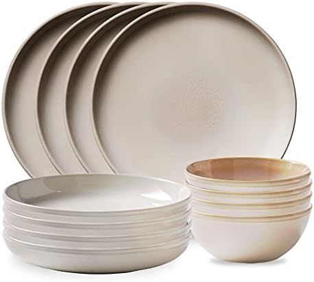 Corelle Stoneware 12-Pc Dinnerware Set, Handcrafted Artisanal Double Bead Plates and Bowls, Solid... | Amazon (US)