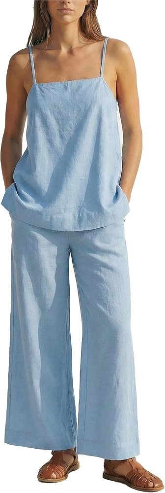 MAKABO Women's Two Piece Beach Vacation Pant Set Summer, Linen Feel Comfy Travel Outfits Casual T... | Amazon (US)