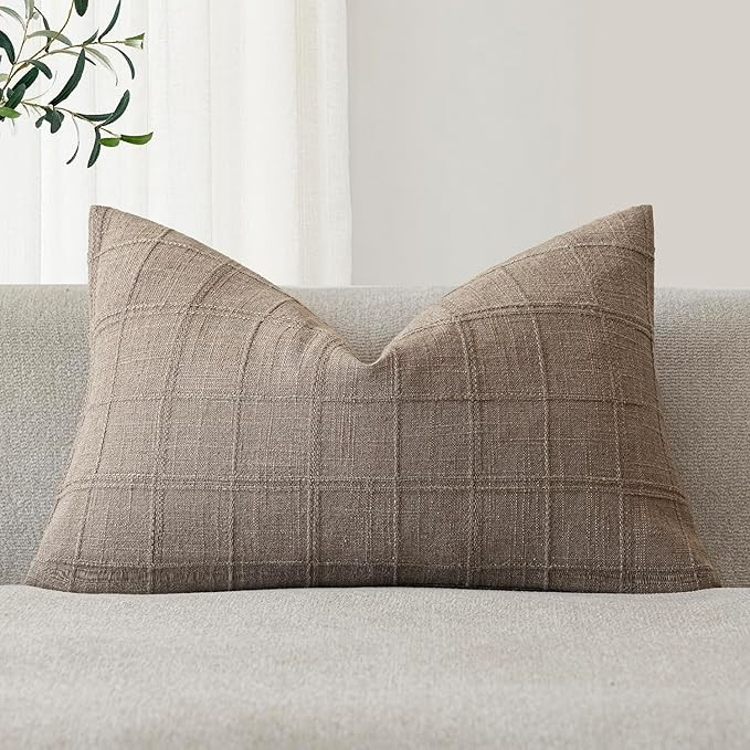 Foindtower Set of 1 Decorative Linen Check Throw Pillow Cover Neutral Farmhouse Lumbar Cushion Co... | Amazon (US)