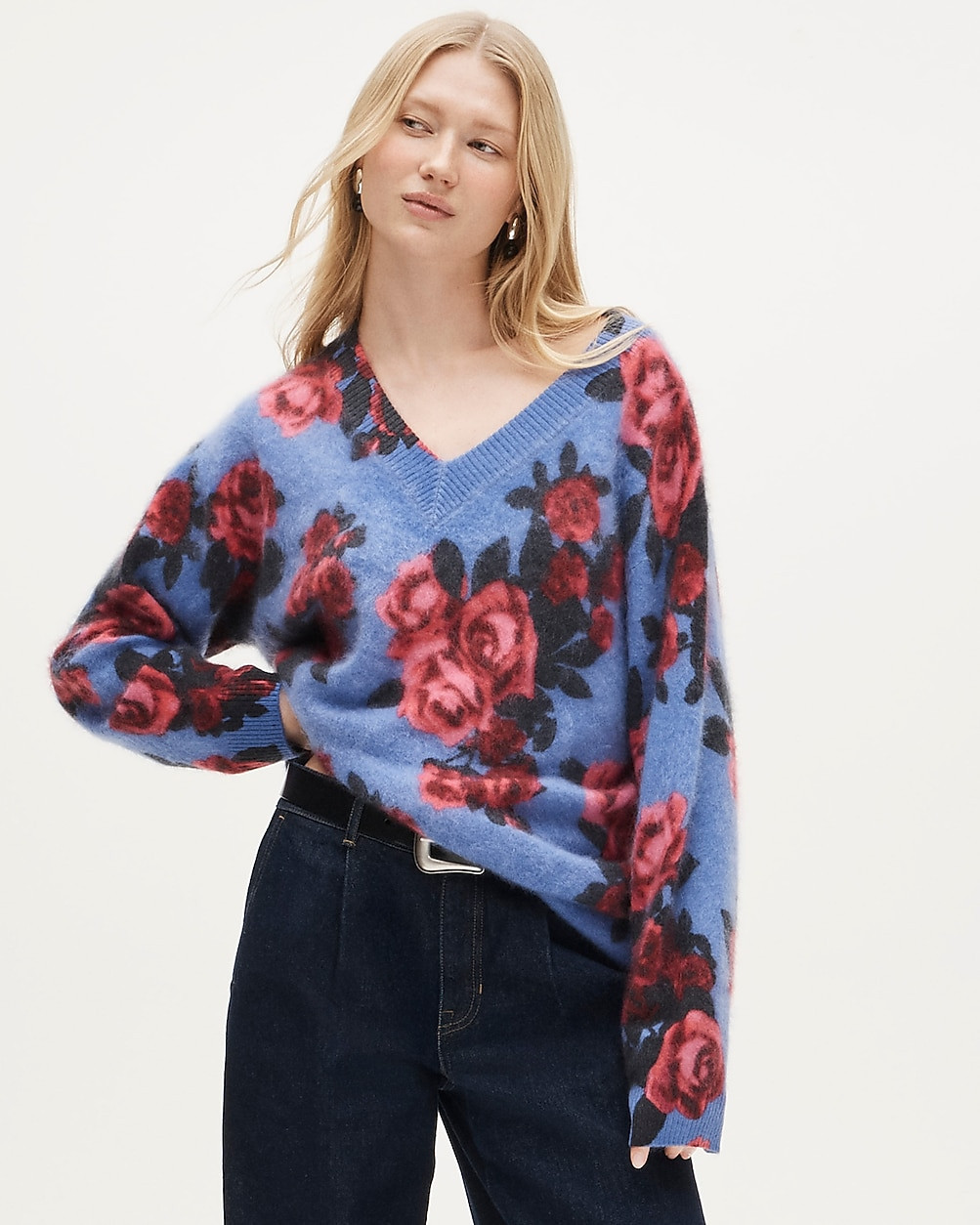 Brushed cashmere relaxed V-neck sweater in floral print | J. Crew US
