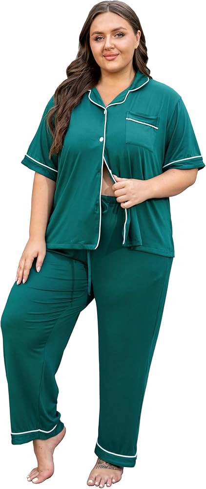 Vozanet Women's Plus Size Pajamas Button Down Shirt and Pants Soft Lounge Sets Bride Nighty Botto... | Amazon (US)