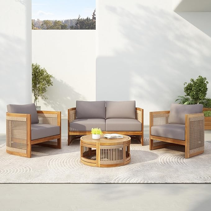 Merax 4-Piece Patio Premium Acacia Wood Outdoor Furniture Set,All Weather Curved Tub Design with ... | Amazon (US)