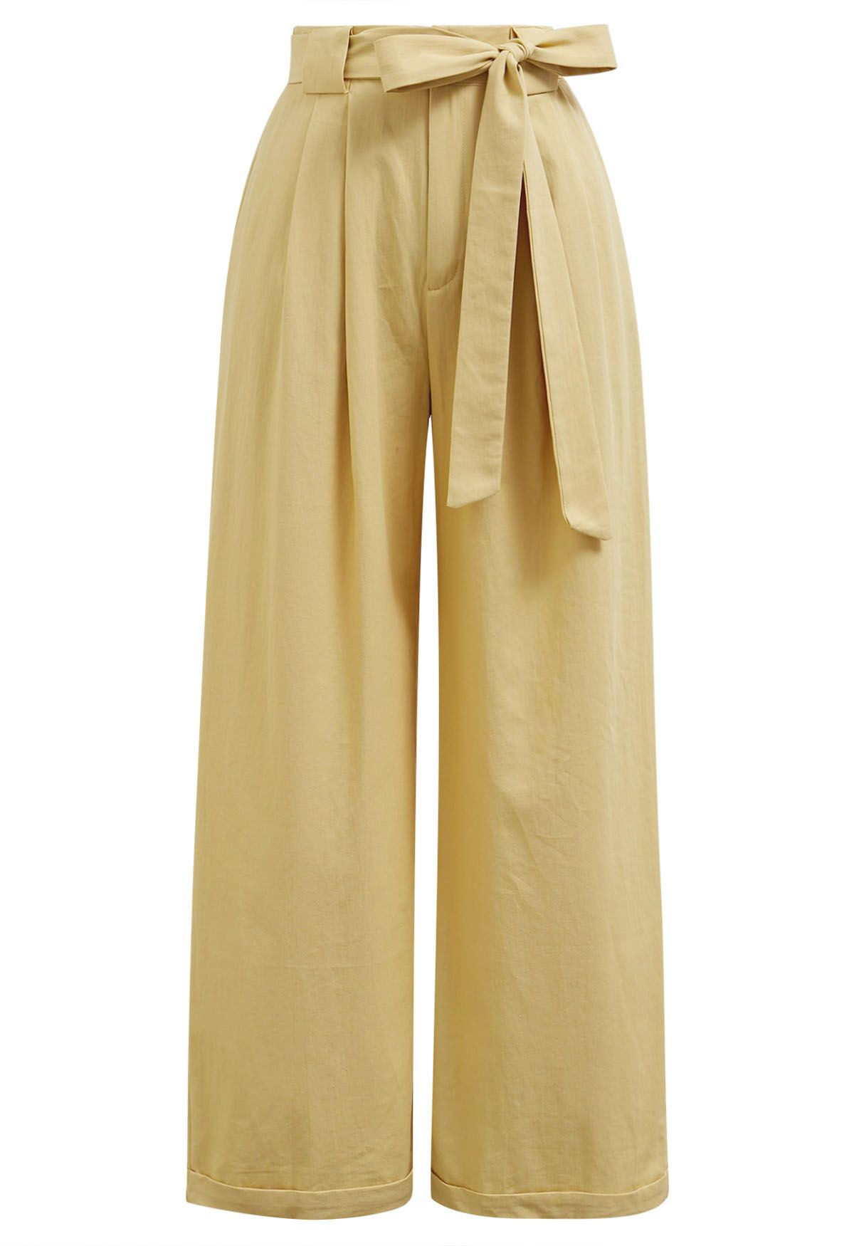 Bow Tie Sash Pleated Wide-Leg Pants in Mustard | Chicwish