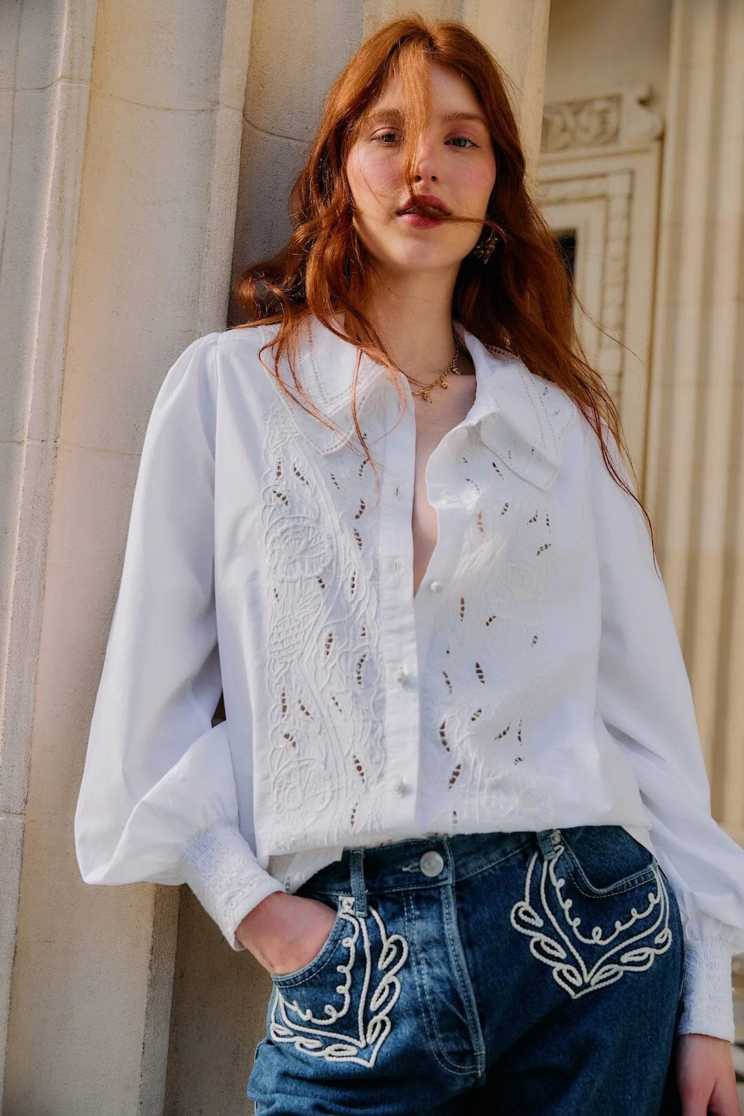 Off-White Embroidered Lace Buttoned Smocked Cuff Shirt | FARM Rio | FarmRio (US)