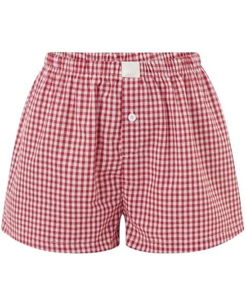 Women Y2k Pajamas Shorts Micro Button Boxers Elastic Waist Cute Pj Bottoms Summer Plaid Lounge Sh... | Amazon (US)
