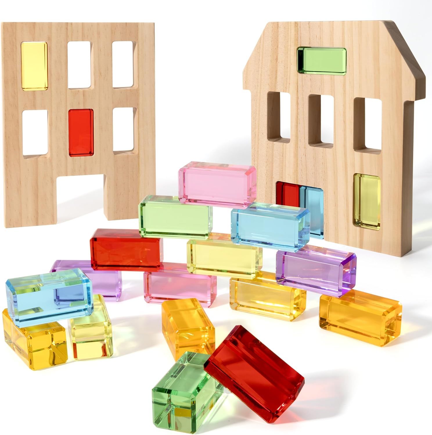 Wooden Building Blocks Set for Kids, 16 PCS Rectangle Rainbow Gem Cubes Stacking Blocks - 2 Wood ... | Amazon (US)