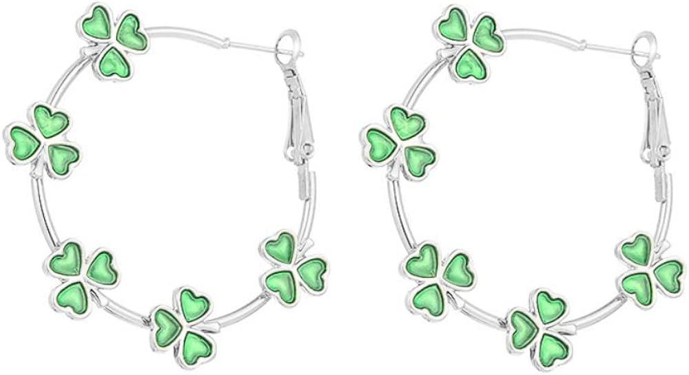 Pingyongchang St.Patrick's Day Green Shamrock Hoop Earrings Irish Clover Circle Earrings Lucky Le... | Amazon (US)