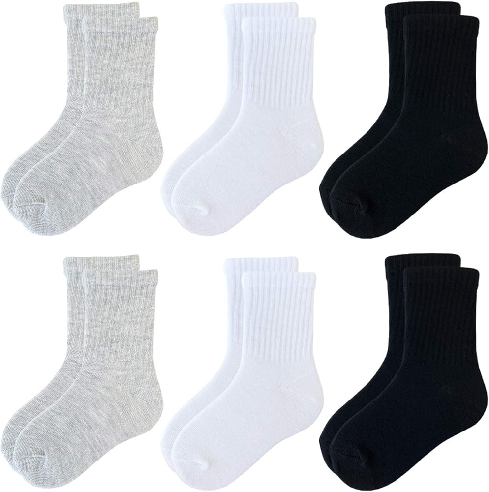 JAMEGIO Boys Crew Socks 6 Pairs White Cotton Athletic Socks for Toddlers Boys Girls | Amazon (US)
