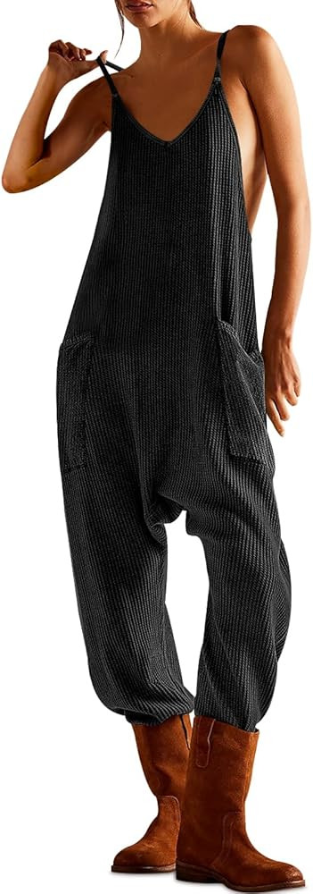 morhuduck Women's Sleeveless Jumpsuits Casual Waffle Knit Rompers V Neck Loose Overalls Spaghetti... | Amazon (US)