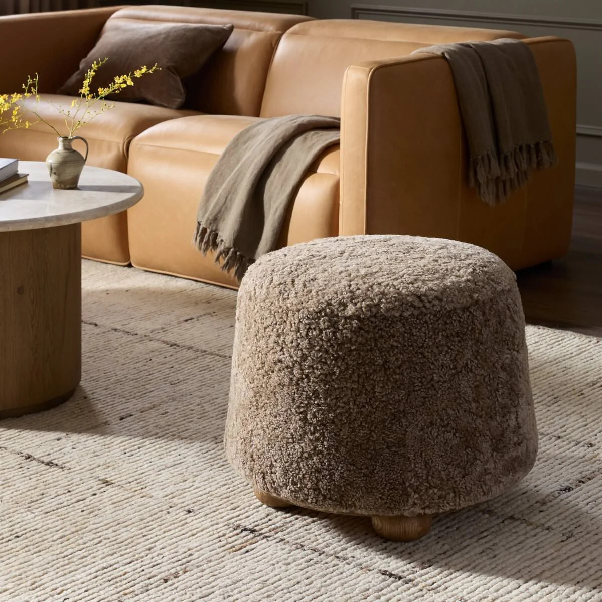 Four Hands Bilbury Ottoman in Taupe Shearling | The Addison West