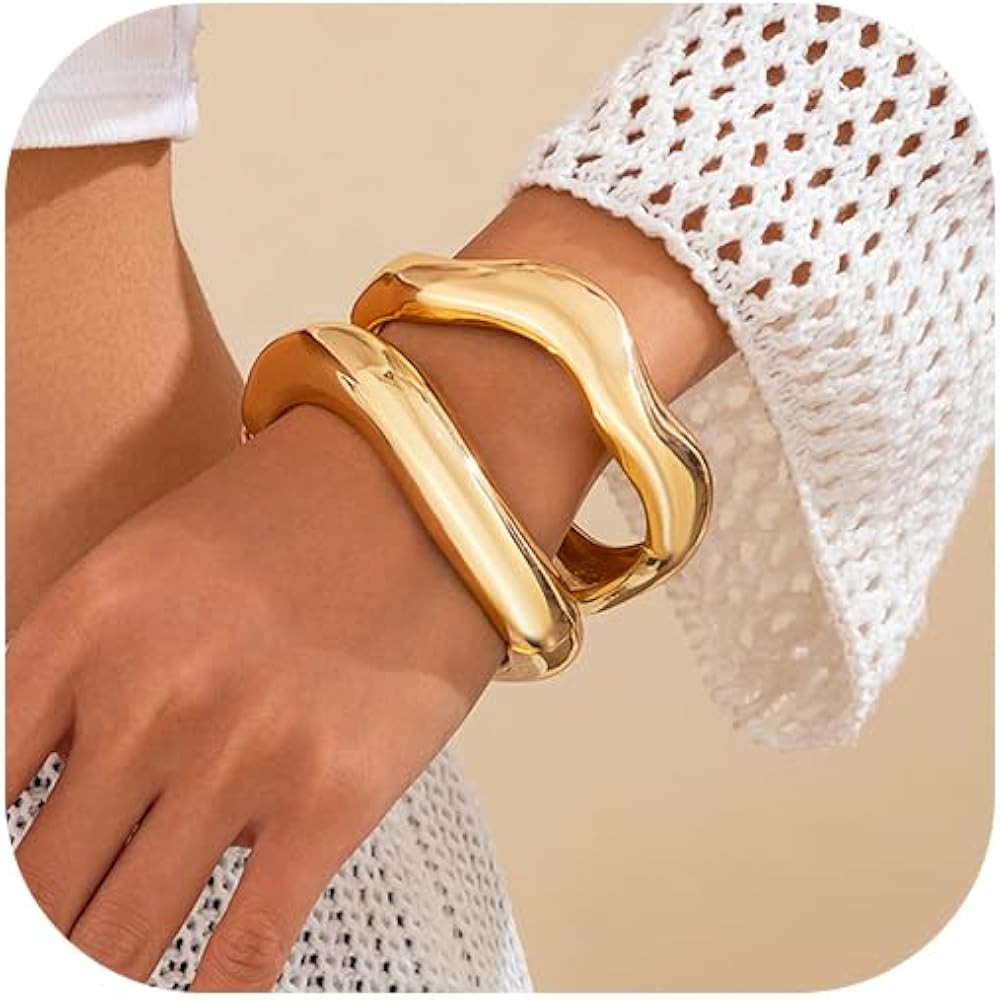 Salircon Gold Bangle Bracelets for Women Gold Wide Chunky Cuff Bracelets Trendy Hinged Cuff Open ... | Amazon (US)