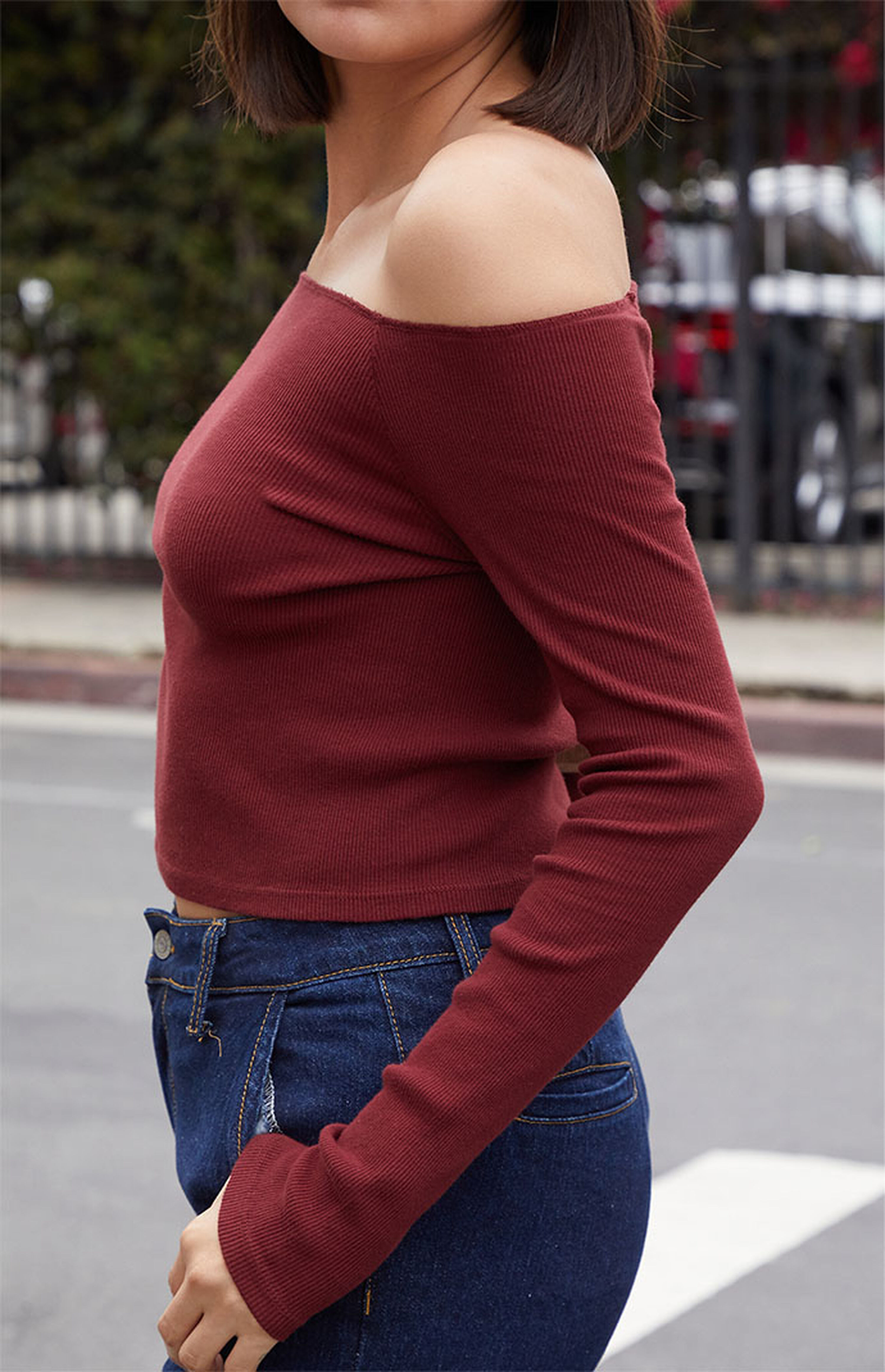 John Galt Burgundy Mayson Off-The-Shoulder Top | PacSun
