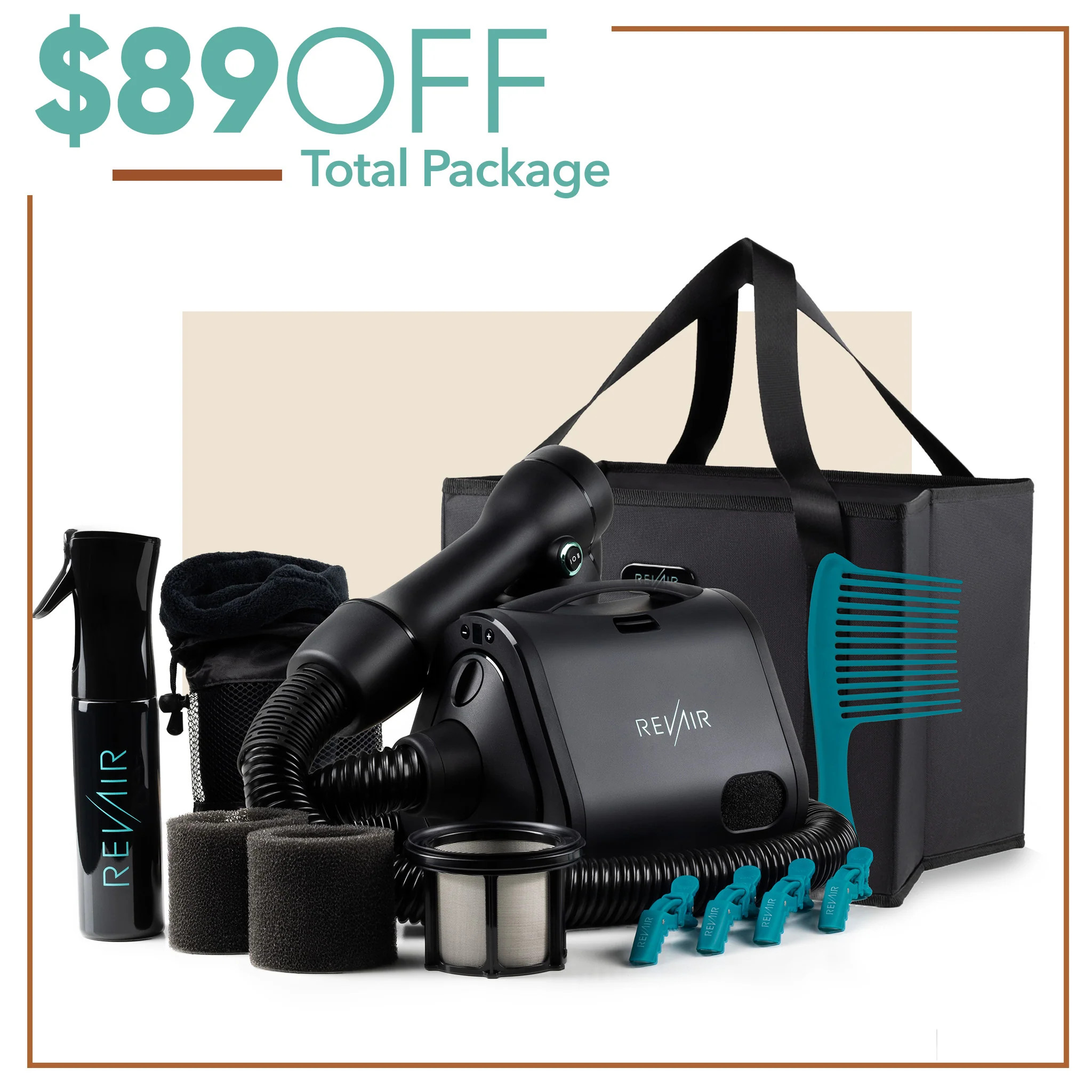 RevAir Total Package - Reverse-Air Hair Dryer w/friction-free technology + Carry Bag | RevAir