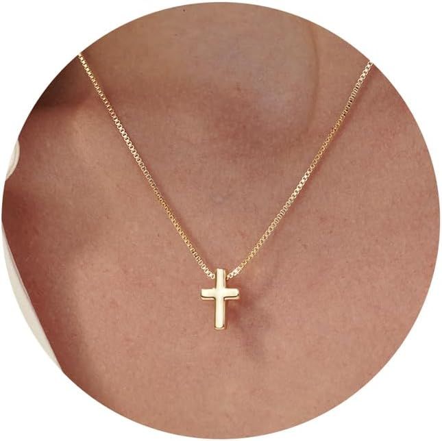 Cross Necklace, 14K Gold Plated Box Chain Cross Pendant Necklace Dainty Simple Silver Cross Tiny ... | Amazon (US)