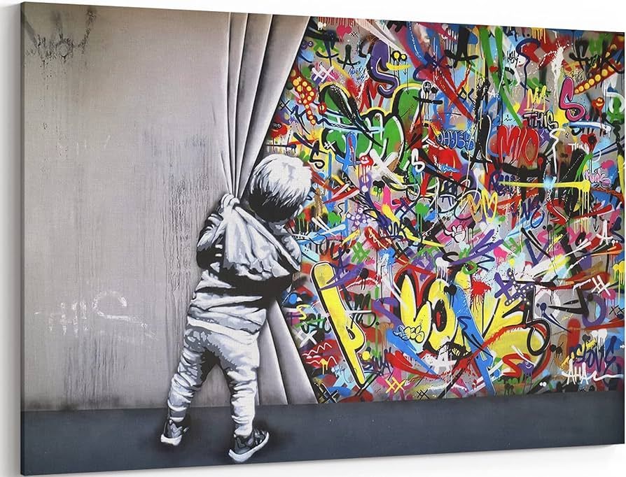 Colorful Graffiti Banksy Canvas Wall Art Poster Prints A Kid Boy Behind The Curtain Picture Artwo... | Amazon (US)