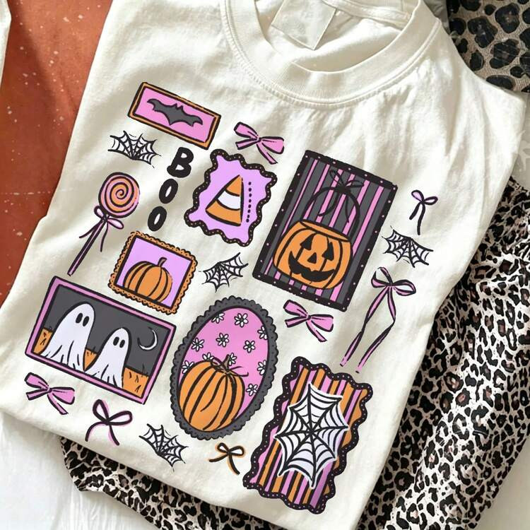 Pink Coquette Halloween Graphic Tee Bow Ghost Fall Tops Beach Outfit For Woman Vacation Clothes W... | SHEIN