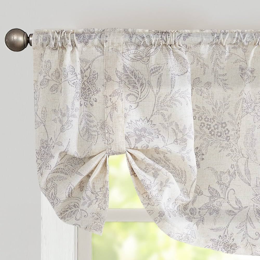 Lazzzy Grey Floral Tie Up Valance Curtain Linen Farmhouse Valance for Kitchen Living Room Bathroo... | Amazon (US)