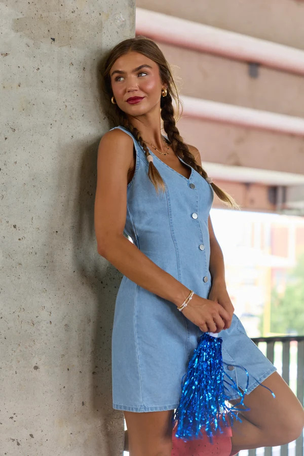 Strike A Chord Light Wash Denim Button Front Dress | Pink Lily