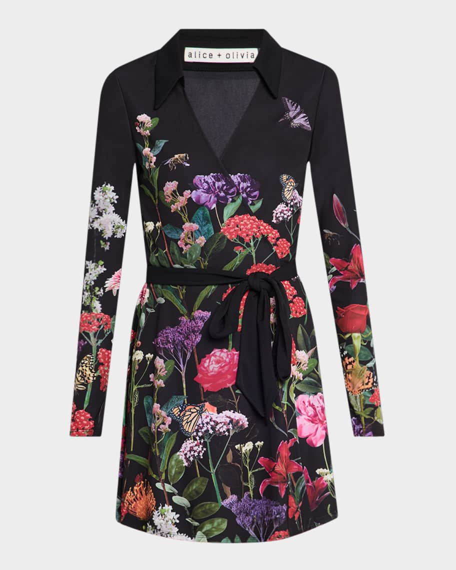 Alice + Olivia Millicent Long-Sleeve Flare Mini Dress | Neiman Marcus