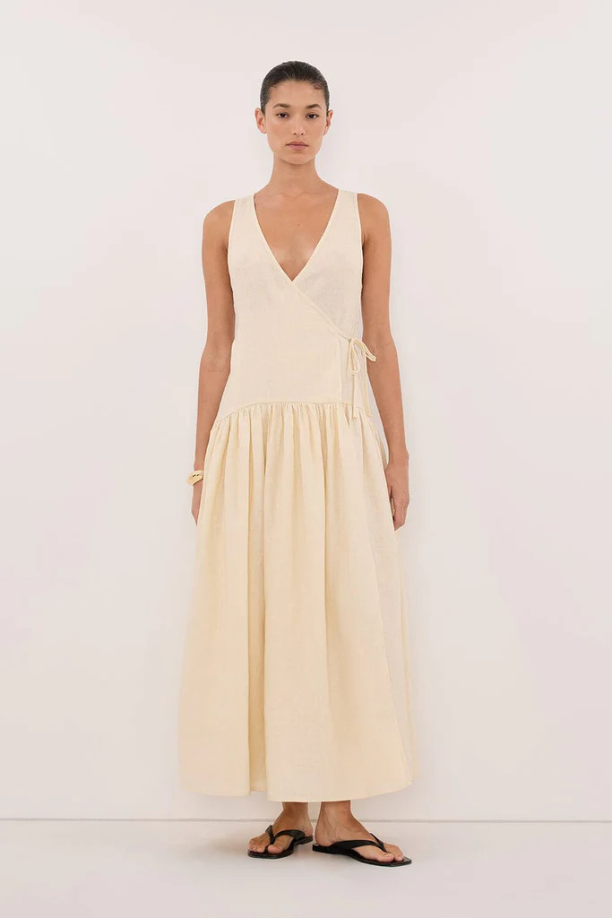 ILIO STRAW SLEEVELESS LINEN WRAP MIDI DRESS | DISSH