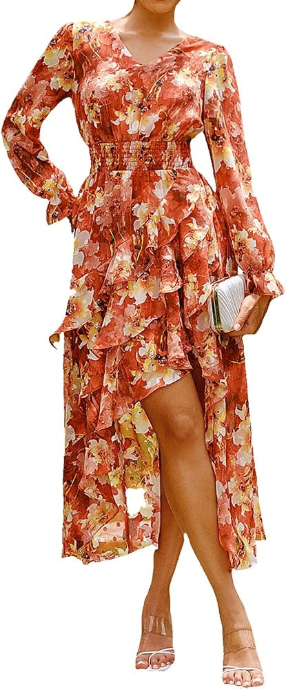 GRACE KARIN Long Sleeve Wedding Guest Dress 2025, Boho Maxi Fall Dresses, Chiffon Flowy Floral Dr... | Amazon (US)