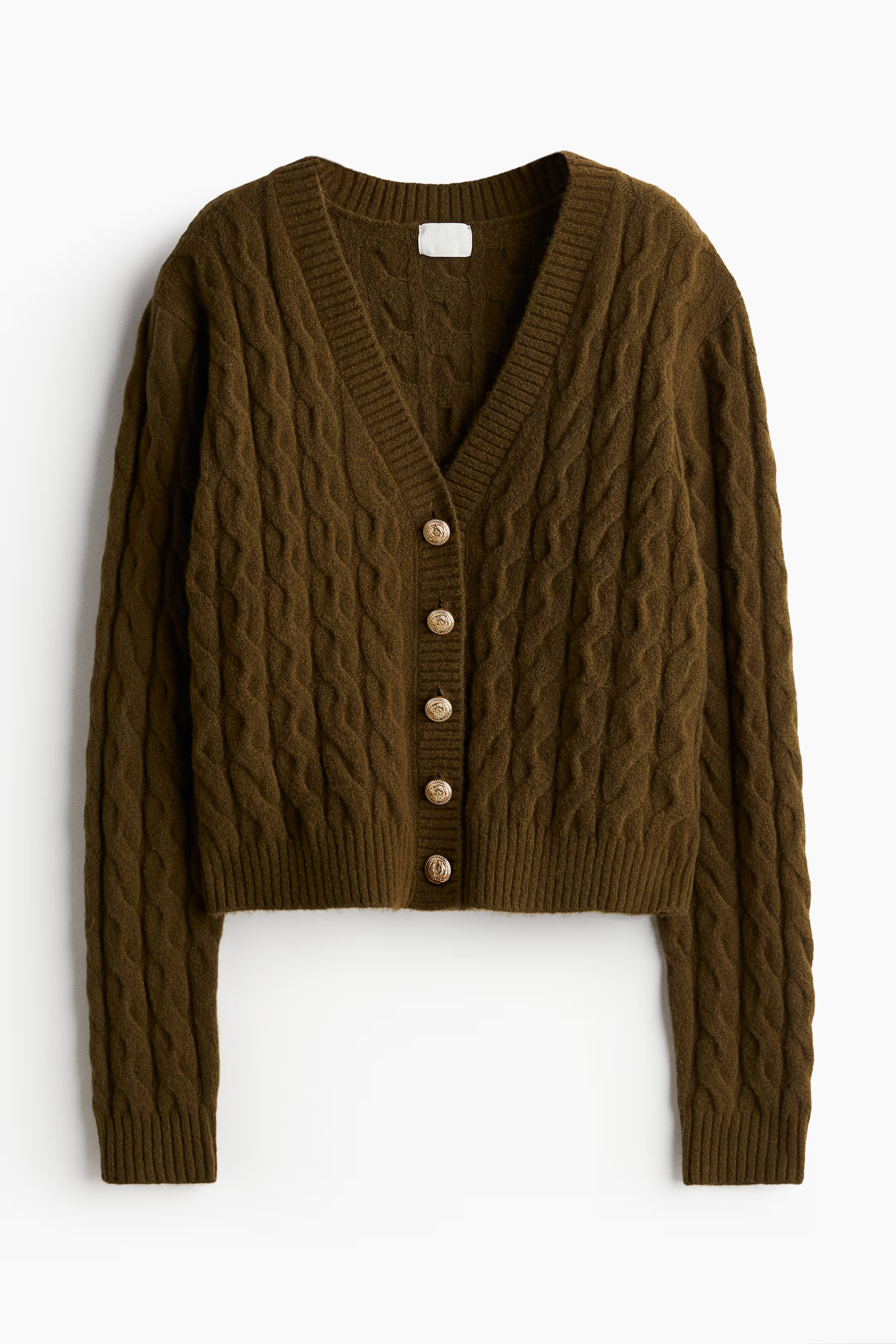 Cable-knit cardigan - V-neck - Long sleeve - Dark khaki green - Ladies | H&M GB | H&M (UK, MY, IN, SG, PH, TW, HK)