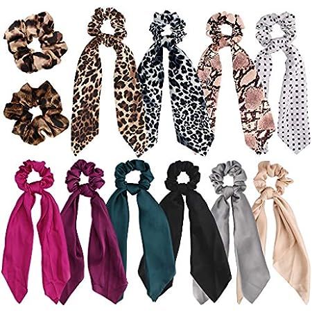 Bow Scrunchies For Hair, 18 Pcs Chiffon Satin Scrunchies Silk with Bow Scarf, Solid Stripe Floral Co | Amazon (US)