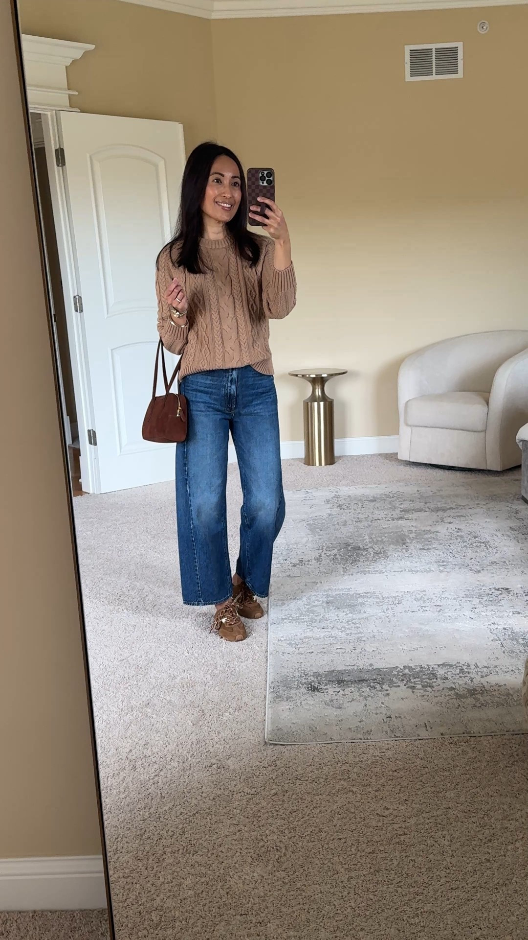 Fall outfit. Cable knit sweater is a closet staple  
Cotton cable knit sweater is from last year and linking 3 similar options that I have seen and like in person. Size up for a comfy fit. 
Barrel jeans. 
Suede sneakers. Brown sneakers. 
Suede bag. Suede handbag  



#LTKShoeCrush #LTKItBag #LTKOver40